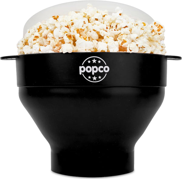 Popco Silicone Popcorn Maker, Microwave Popcorn Popper with Handles, Collapsible Bowl, 15-Cup Capacity (Black)