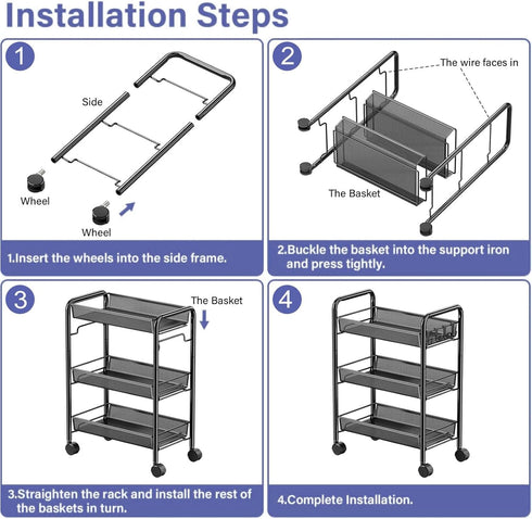 3 Tier Metal Rolling Cart with Wheels, Wire Bathroom Organizer Storage Shelves with Hooks, Utility Cart for Kitchen