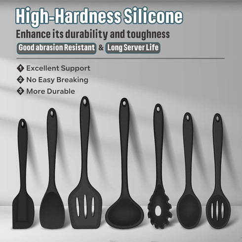 E-far Silicone Cooking Utensils Set, 7-Piece Black Heat Resistant Kitchen Utensils Set, Kitchen Nonstick Tools Spatula Ladle Spoon Pasta Server for Non-stick Cookware, Non-Toxic & Dishwasher safe by E-far