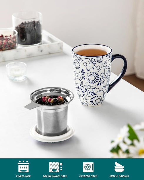 18 oz vancasso SELENE Porcelain Tea Mug, Porcelain Tea Cup with Infuser and Lid Steeps Loose Leaf Tea, Microwave