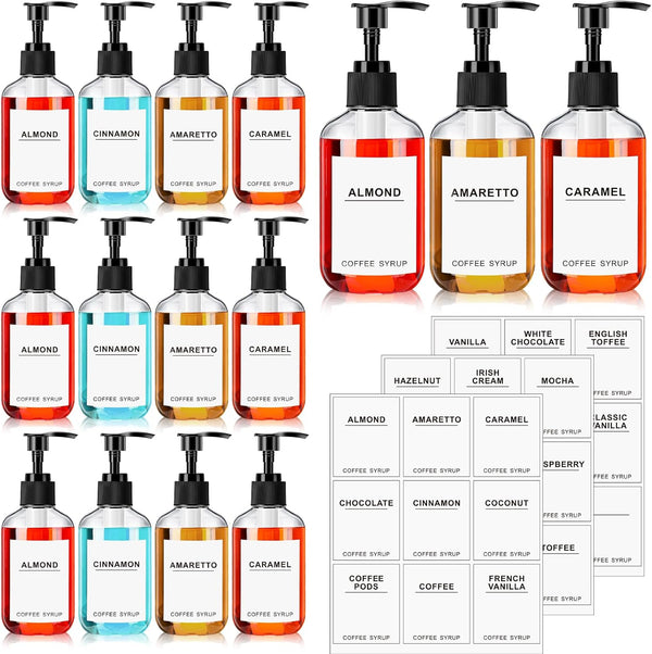 Set of 12 Coffee Syrup Dispenser PET Pump Bottles, Black Plastic Container with 27 Labels for Kitchen Restaurant Home