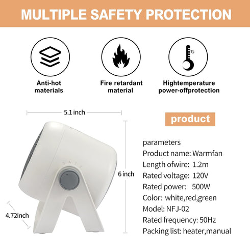 Portable Small Space Heater, Fast Heating Ceramic 1000W Mini Heater with Fan Modes for Indoor Use, White