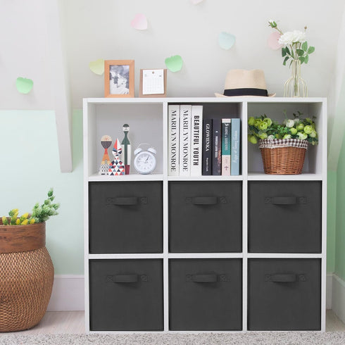 Set of 6 Storage Cubes, 11 Inch Fabric Foldable Bins with Handles, Closet Organizer Baskets for Shelves, Black.