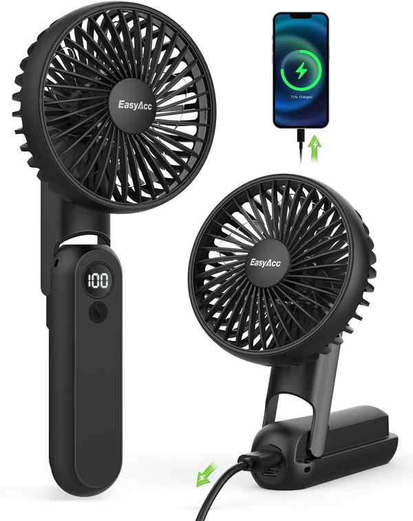 EasyAcc Portable Hand Held Fan, Ultra Quiet 5 Speed Personal Fan, LED Display USB C Rechargeable for Travel