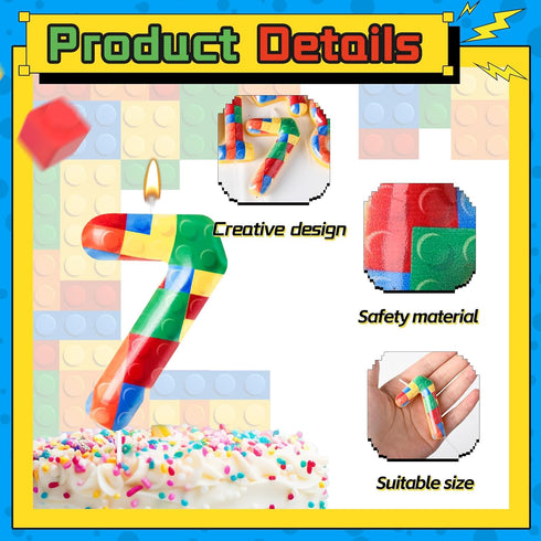 Building Block Themed Birthday Candle Number 7 - Cake Topper for Building Block Party Decoration Theme Supplies