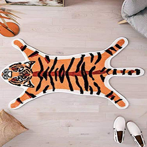 Faux Tiger Printed Rug/Mat for Bathroom, Non-Slip Absorbent Area Rug for Small Home Decor (Orange)