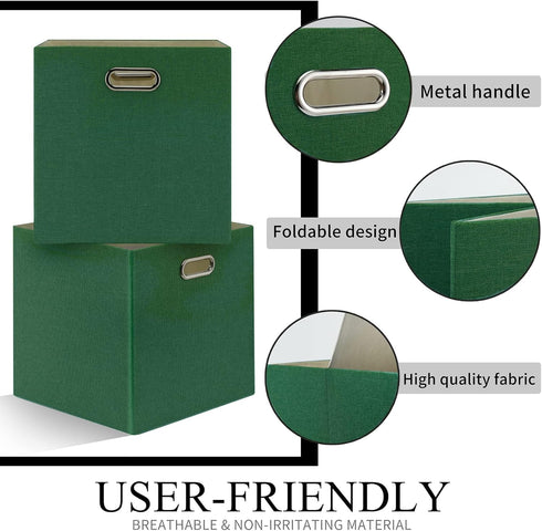 Grass Green Cube Storage Bins 11×11 Linen Foldable Box Set of 4, Large Capacity Collapsible Organization Basket for