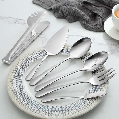 Pleafind 18-Piece Stainless Steel Serving Utensils Set, Includes Spoons, Forks, Tongs, Pie Server for Parties