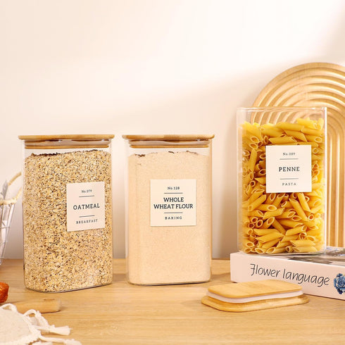 3 Pack 132 51 floz Square Glass Pantry Storage Containers with Kitchen Food Pantry Labels - Clear Glass Pantry Jars