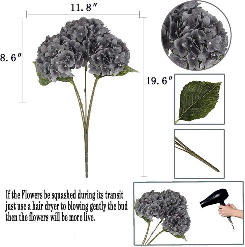 Jim's Cabin Silk Hydrangea Flowers, 5 Big Heads Fake Flower Bunch Bouquet for Home Wedding Party Decor DIY (Gray)