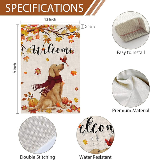 Welcome Fall Garden Flag 12 x 18 Inch Double Sided Burlap Golden Retriever Dog Cardinal Yard Flags Thanksgiving