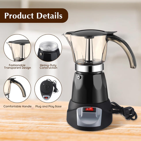 Travel(Black,6 Electric Espresso Maker Transparent Coffee Maker Electric Moka Pot Portable Aluminum Espresso Machine