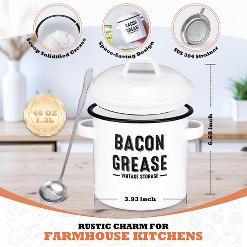 46OZ Bacon Grease Container with Strainer - Large Kitchen Oil Storage Can, Food Saver Bin with Lid | Farmhouse Cooking