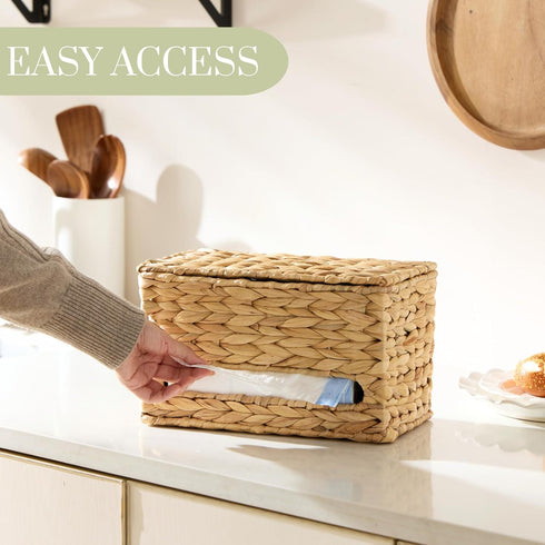 Countertop YANGQIHOME Trash Bag Dispenser with Lid, Water Hyacinth Plastic Bag Holder & Grocery Bag Holder for Kitchen