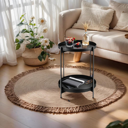 JuheBoxia 2-Tier Foldable Round Side Table, Metal End Table with Storage for Indoor Outdoor Use, Small Coffee Table