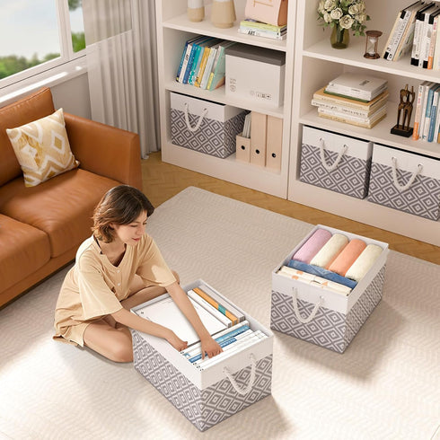 Storage Bins, 2-Pack Large Collapsible Storage Box with Rope Handles for Organizing Books and Clothes (White & Grey)
