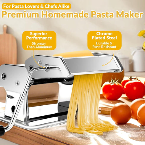 7 Settings 2-in-1 Pasta Maker with Thickness Roller, Cutter, Hand Crank and Table Clamp, Stainless Steel Manual Pasta