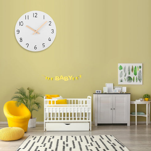 Plumeet 10'' Wooden Wall Clock (White) Small Frameless Clocks with Silent Quartz Movement, Battery Operated