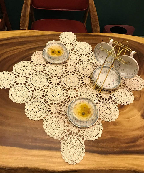 Beige Handmade Crochet Cotton Table Cloth, Lace Doilies Square Tablecloths, 24 Inches