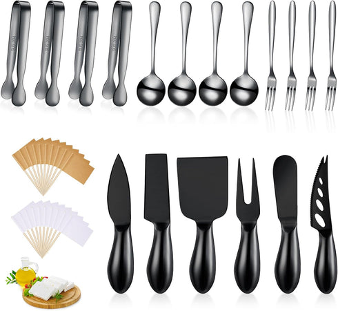 Charcuterie Board Accessories 18 Pieces - Cheese Spreader Knife Set, Mini Serving Tongs, Spoons, Forks (Black)