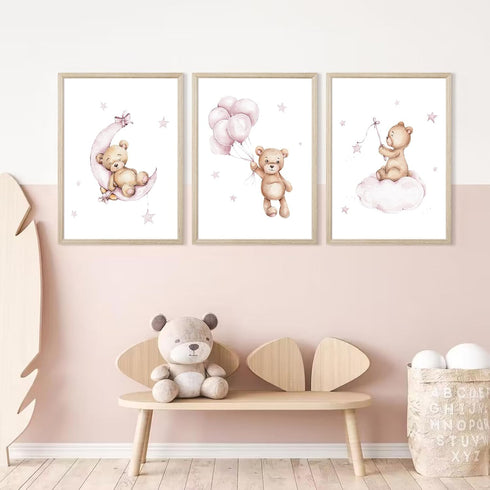 Baccone 12x16x3 Inch Bear Nursery Wall Art Decor Teddy Bear Wall Art Baby Girl Canvas Wall Decor Pink Pictures Balloon