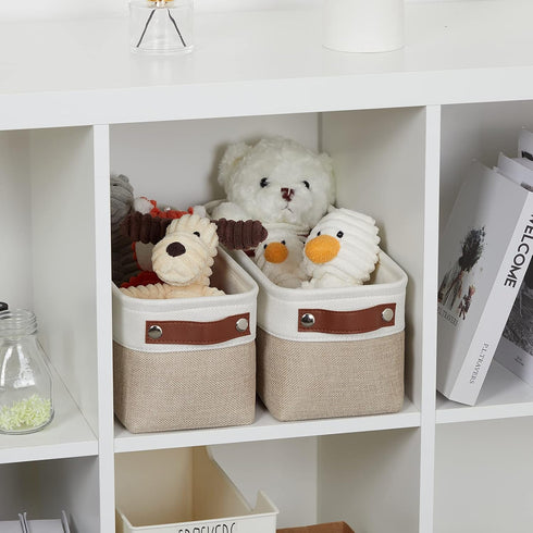 DULLEMELO 2-Pack Bathroom Baskets, Small Canvas Fabric Storage Bins with Leather Handles for Organizing Closets