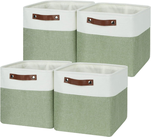 Temary Cube Storage Baskets 12 Inch, 4-Pack Fabric Storage Bins for Organizing Clothes, White & Green
