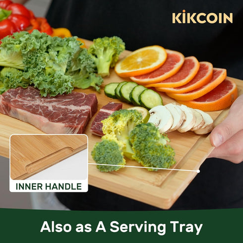 Kikcoin Bamboo Cutting Board, Extra Large Wood Cutting Board with Deep Juice Groove and Handle, 17.6" x 12"