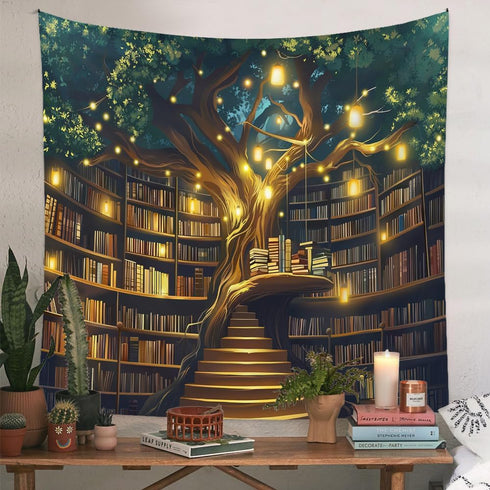 36"x48" Jhdstore Tree of life Tapestry Wall Hanging Fantasy Library Tapestry for Bedroom Mysterious Tree Bookshelf