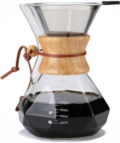 Pour Over Coffee Maker with Reusable Stainless Steel Filter, 27 oz Borosilicate Glass Carafe, Holds 4-6 Cups