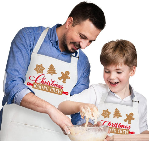 2 Pack Christmas Matching Aprons for Kids and Adults, Christmas Baking Crew, White Kitchen Aprons with 2 Pockets for