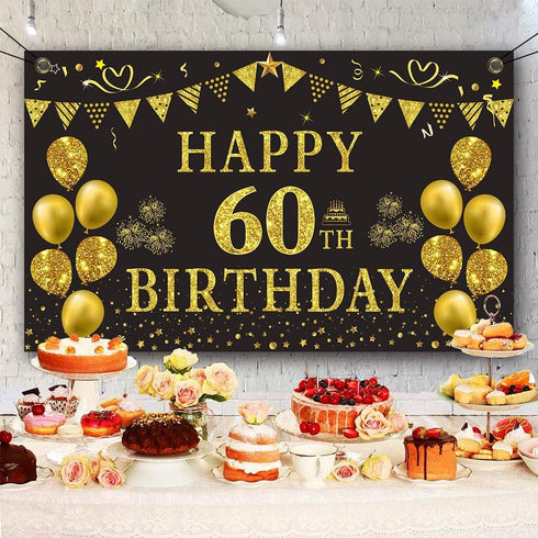 Trgowaul 60th Birthday Backdrop - Gold and Black 5.9 x 3.6 Fts Happy Birthday Party Decorations Banner