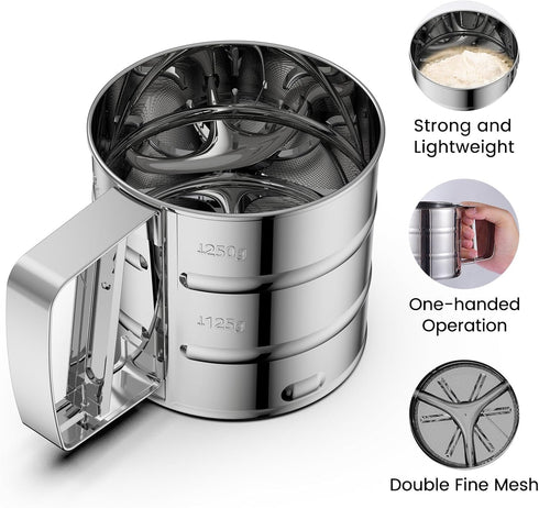 Omesata 3 Flour Sifter Cup for Baking, Crank Sifter with Professional Fine Mesh Baking Sifter Flour, One Hand Press