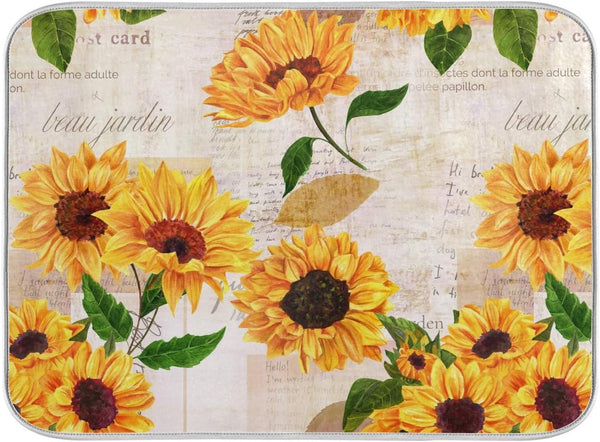 Qilmy Sunflowers Dish Drying Mat, Non-Slip Water Absorption Mat for Kitchen Countertop (16 x 18 Inch)