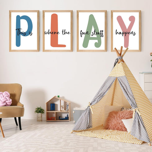 Set 4 12x16' of Framed Kids Playroom Wall Art Prints, Toddler Nursery Children Artwork for Kids Bedroom Decoration