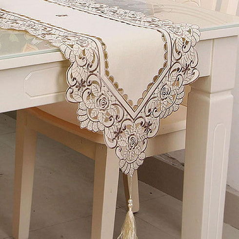 15" 69" X Vintage Flower Embroidered Table Runner, Classic Polyester Lace Cream Floral Dresser Scarves Party Dining