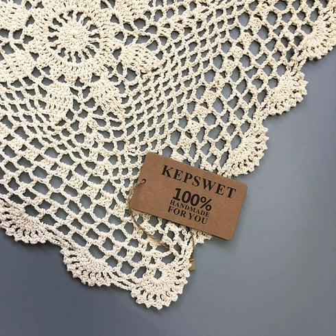 KEPSWET Sunflower Cotton Handmade Crochet Lace Rectangle Table Runner, Beige (14x60 inch)