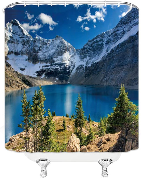 Mountain Shower Curtain Nature Landscape Mountain Lake Blue Sky White Cloud Scenic Print Simple Home Fabric Bath Curtain Bathroom Decor Set Include Hooks,(70" WX70 H) by XZMAN