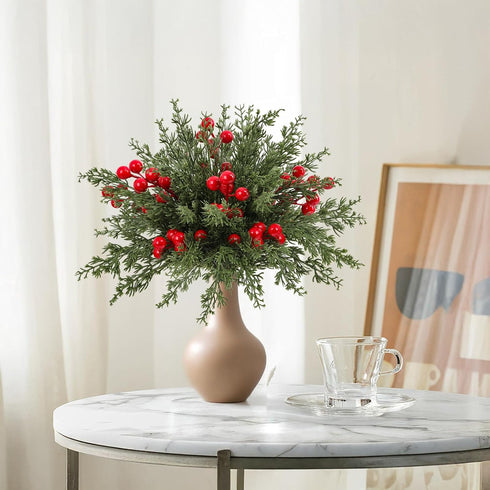 50 10.5" Dapclca Pcs Christmas Artificial Pine Branches with Red Berry Stems, Faux Evergreen Norfolk Pine Cypress