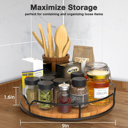 Lazy Susan Turntable Organizer, 9" Carbonized Black Pine Wood for Kitchen Countertop, Cabinet, Pantry, Refrigerator