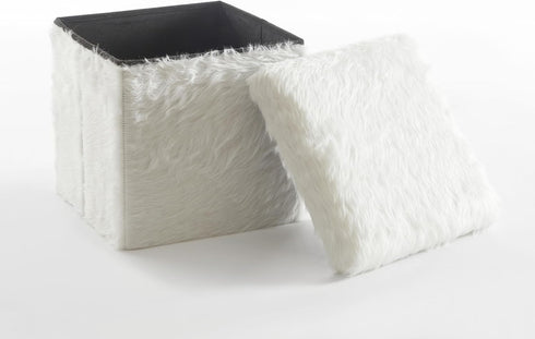 Urban Lifestyle Mongolian Fur Collapsible Storage Ottoman 15 Inch Square Soft White