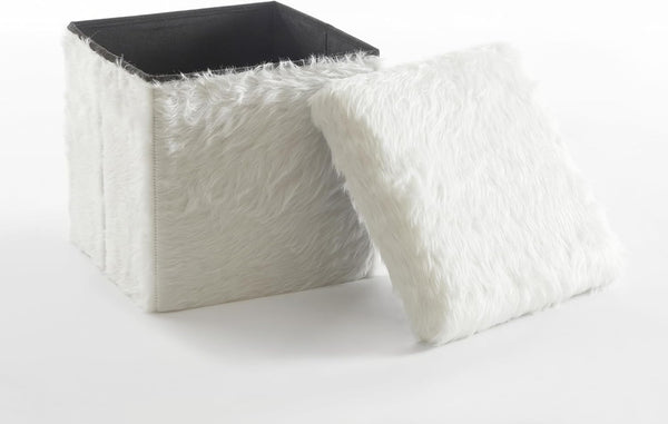 Urban Lifestyle Mongolian Fur Collapsible Storage Ottoman 15 Inch Square Soft White