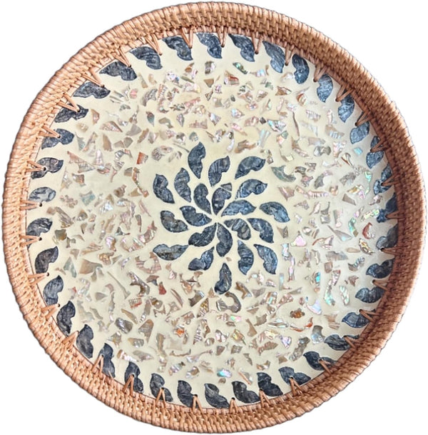 Terrekraft 14" Large Rattan Serving Tray with Mother of Pearl, Round Coffee