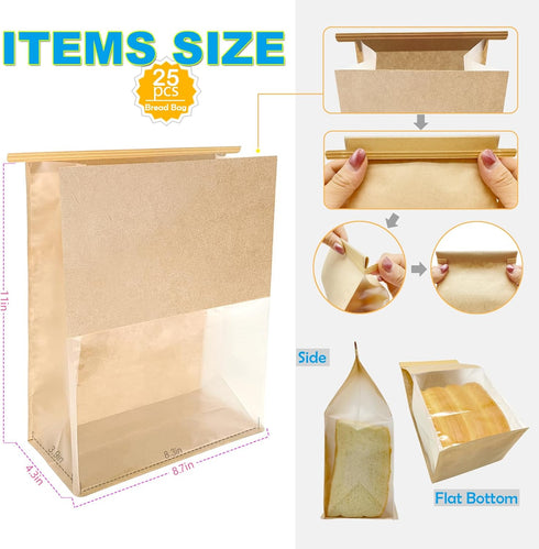 BIUBIU Large Bread Bags for Homemade Bread, Sourdough Bakery Bags with Window, 25ct Brown Kraft Paper
