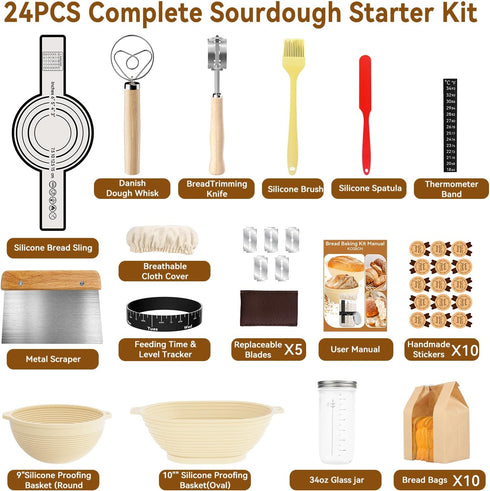 KOSBON 24 34oz 9" 10" PCS Sourdough Starter Kit w/ Sourdough Starter Jar, Sourdough Bread Baking Supplies Round & Oval