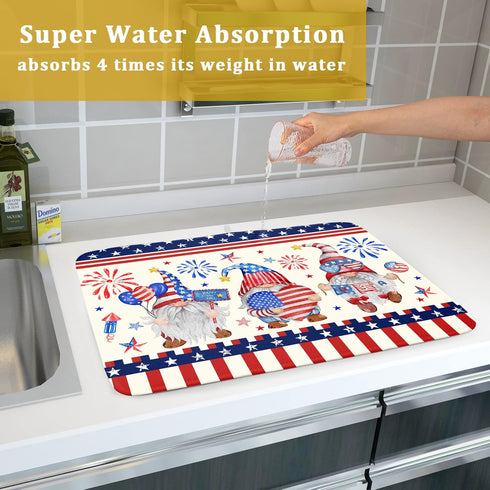 4th of July Drying Mat for Kitchen Counter, 18 x 24 in - Patriotic Gnomes Microfiber Dish Drainer Pad for Holiday Decor