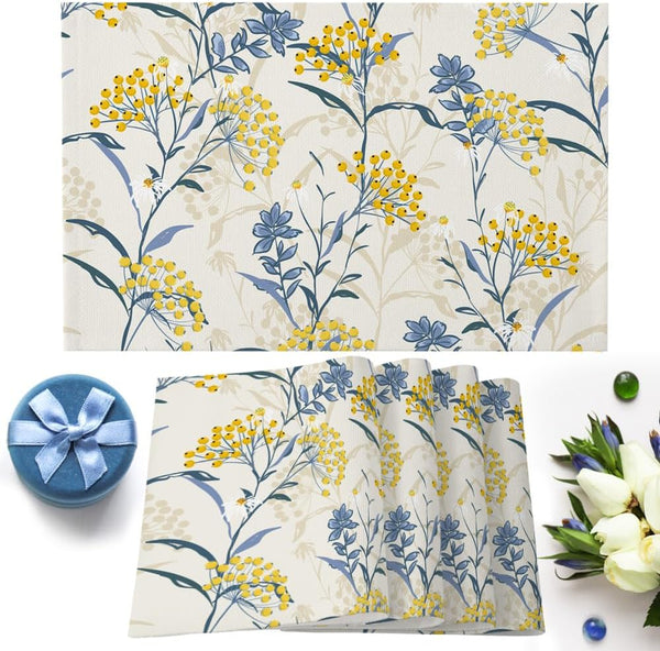 Dining Table Placemats Set of 6, Vintage Floral Cotton Linen Heat Resistant Non-Slip Table Mats for Kitchen Decor