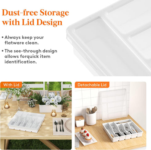 Lifewit Silverware Organizer with Lid, Covered Utensil Tray for Kitchen Drawer and Countertop, Plastic Cutlery and Flatware Storage Box for Spoons Forks Knives Holder Case, 6 Compartments, White by Lifewit