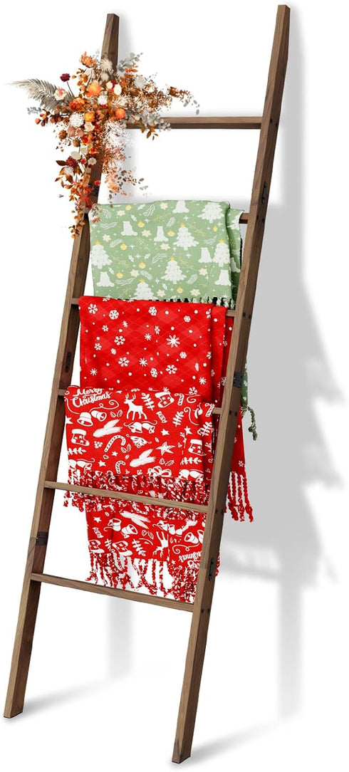 6-Tier 5.7FT(66.5'') Acacia Wood Blanket Ladder, Blanket Quilt Towel Holder Rack Decorative Ladder Wooden, Easy