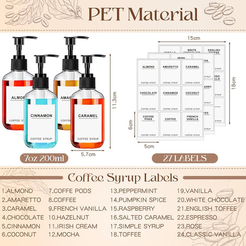 Set of 12 Coffee Syrup Dispenser PET Pump Bottles, Black Plastic Container with 27 Labels for Kitchen Restaurant Home